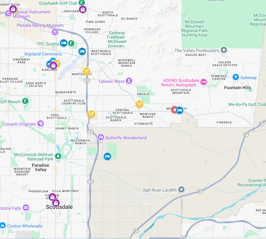 Map of local amenities including hotels and catering nearby the Mayo Clinic Scottsdale campus.