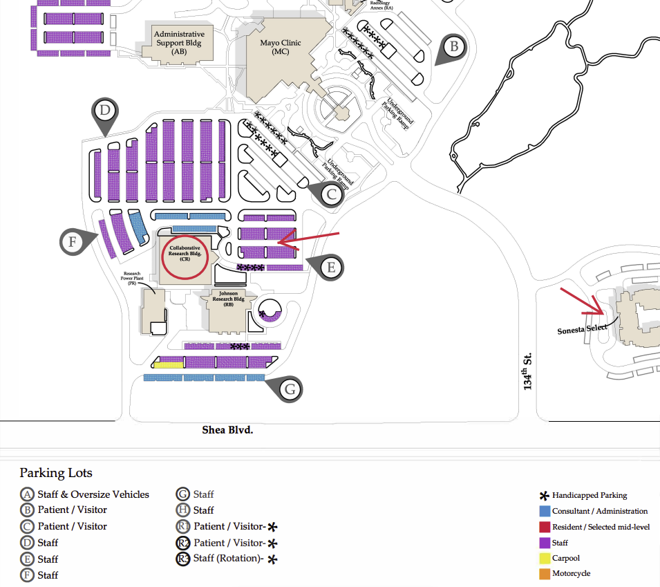 Parking map for the Mayo Clinic Scottsdale campus.