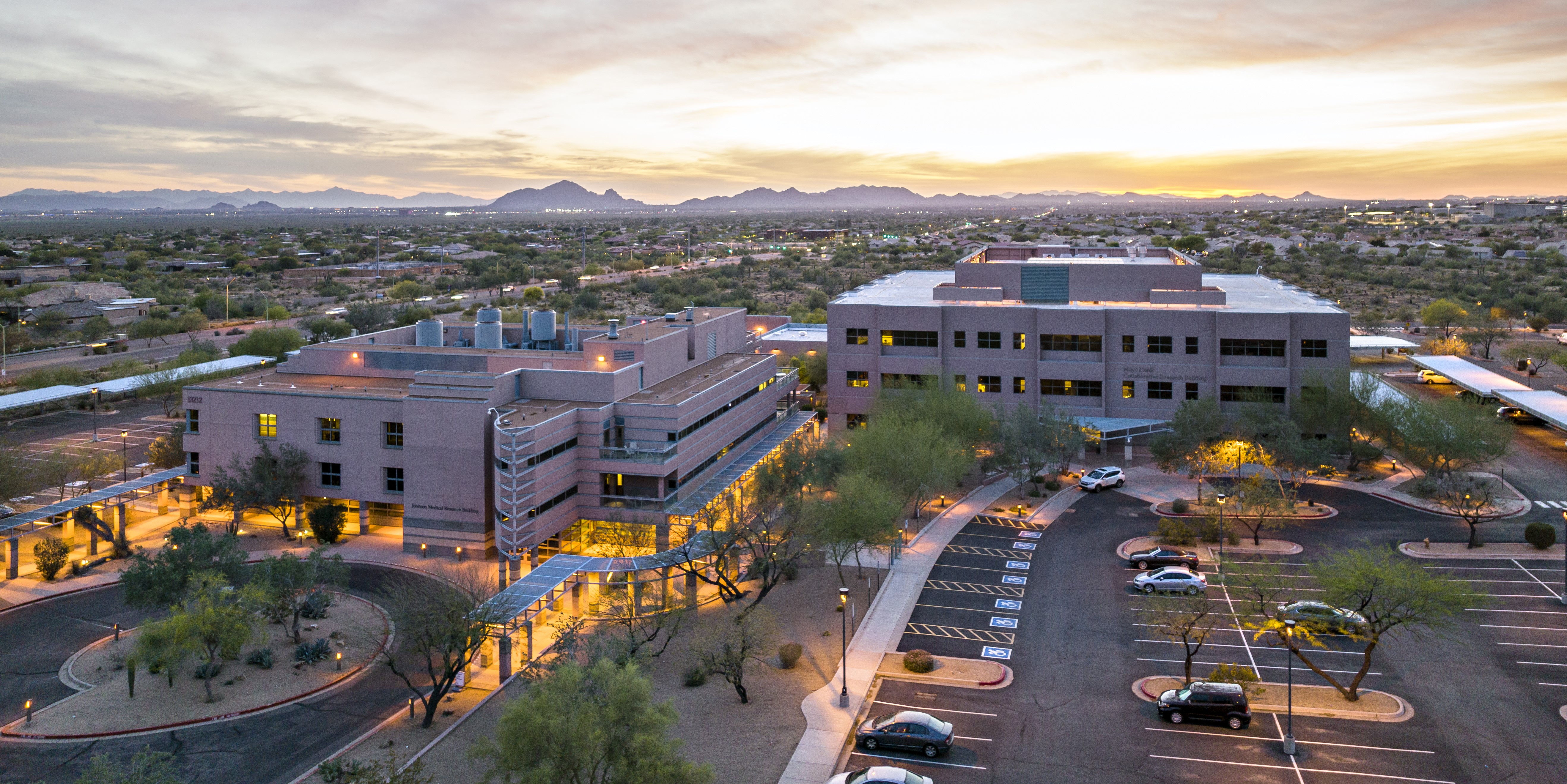 Aerial view at sunset of the Collaborative Research Building on the Mayo Clinic Scottsdale campus, home to the Center for Procedural Innovation.