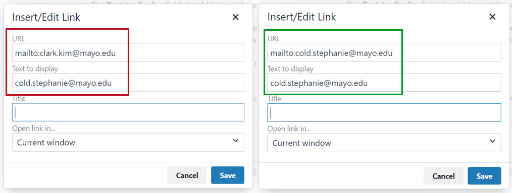 Shows two versions of contact information content type side by side, one with a red box indicating incorrect and one with a green box indicating correct.
