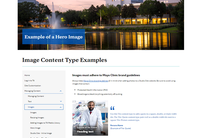 Screenshot of hero image and picture tile on a page